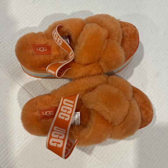 UGG Women Sz 6 Disco Knot Slide Platform Genuine Shearling Slip On Sandal Orange - Picture 12 of 13